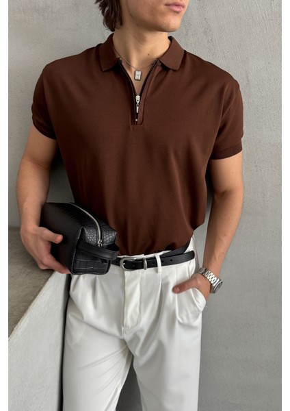 Erkek Oversize Fermuarlı Polo Yaka Triko T-Shirt