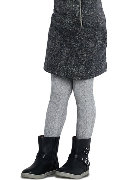 Kız Çocuk Gri Triko Karina Kendinden Desenli Kalın Külotlu Çorap