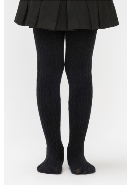 Kız Çocuk Siyah Triko Karina Kendinden Desenli Kalın Külotlu Çorap