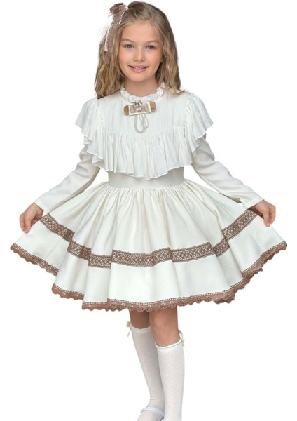 Kız Çocuk Göğsü ve Yakası Fırfırlı Eteği Pliseli Dantel Şerit Detaylı Beyaz Elbise indirimleri