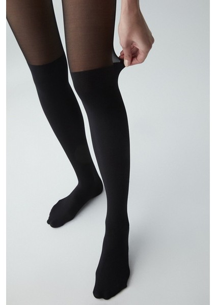 Desenli Külotlu Çorap Çizme Çorabı 20 Denye Siyah