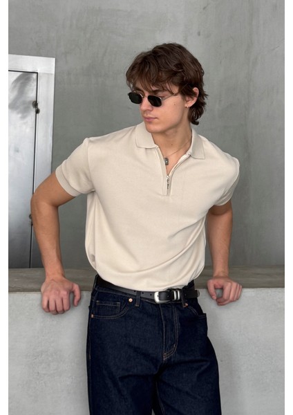 Erkek Oversize Fermuarlı Polo Yaka Triko T-Shirt modelleri