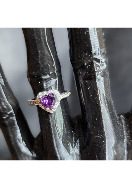 925 Ayar Gümüş Mor Kalp Tekraş Yüzük