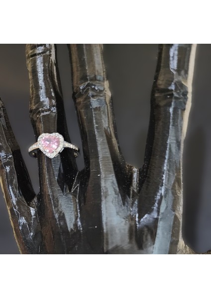 925 Ayar Gümüş Pembe Kalp Tekraş Yüzük