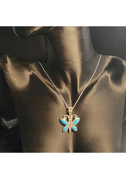 Turkuaz Taşlı Markazit Kelebek Kolye Küpe 2'li Set