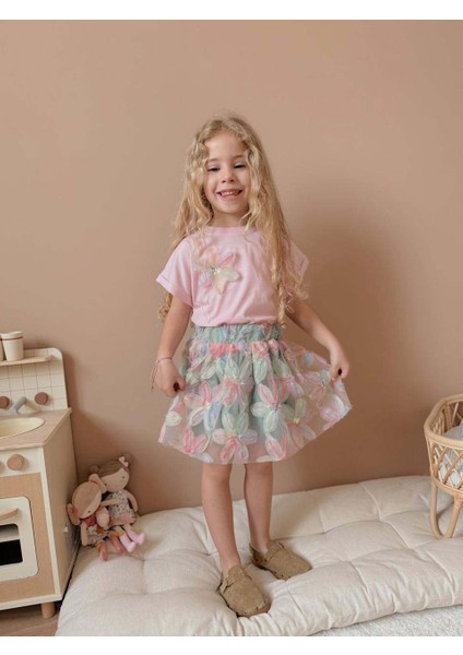 Kız Çocuk Kısa Kol Çiçek Desenli Bayramlık Takım