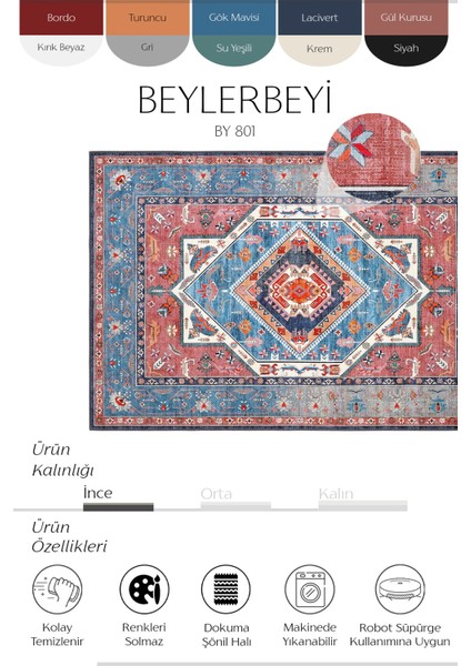 Beylerbeyi By 801 Mavi Renkli Oturma Odası Salon Halısı Makinede Yıkanabilir Dokuma Şönil Halı