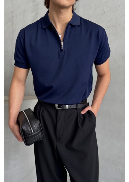 Erkek Oversize Fermuarlı Polo Yaka Triko T-Shirt
