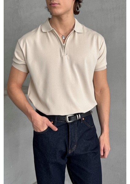 Erkek Oversize Fermuarlı Polo Yaka Triko T-Shirt