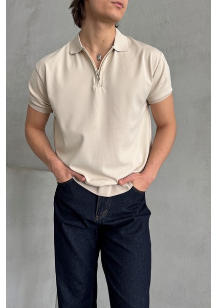 Erkek Oversize Fermuarlı Polo Yaka Triko T-Shirt fiyatları