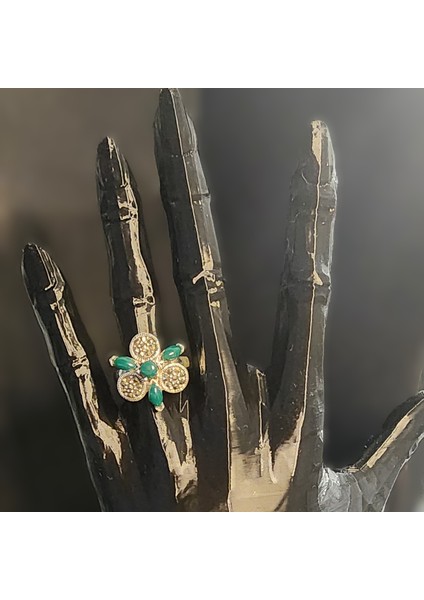 925 Ayar Gümüş Markazit Yeşil Akik Papatya Taşlı Yüzük