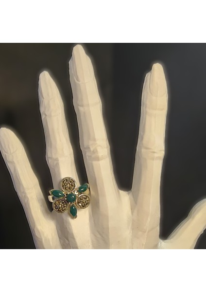 925 Ayar Gümüş Markazit Yeşil Akik Papatya Taşlı Yüzük fiyatları