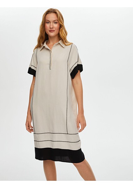 Renk Bloklu Nalkış Detaylı Ketenli Elbise S25ELB030