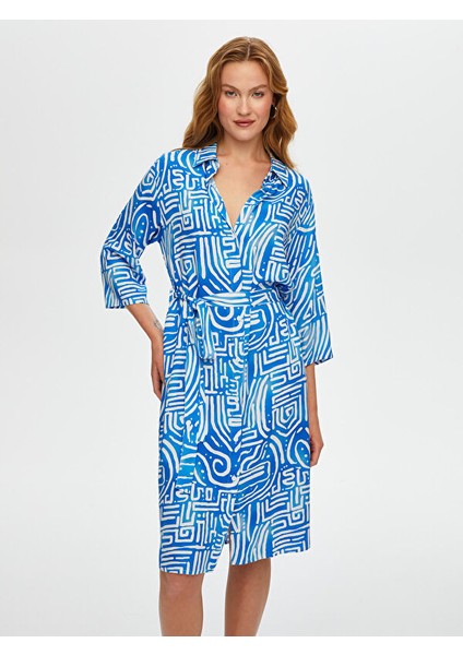 Kuşaklı Soyut Desen Viskon Gömlek Elbise S25ELB029