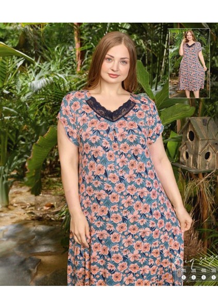 Kadın Kısa Kol Büyük Beden Dantelli Gecelik