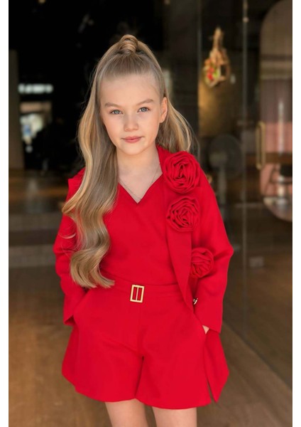 Kız Çocuk Gold Düğmeli ve Gül Broşlu Blazer Ceket Askılı Penye Bluz Kırmızı Şortlu Takım fiyatları