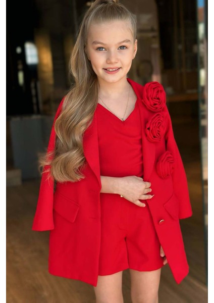 Kız Çocuk Gold Düğmeli ve Gül Broşlu Blazer Ceket Askılı Penye Bluz Kırmızı Şortlu Takım modelleri