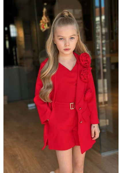 Kız Çocuk Gold Düğmeli ve Gül Broşlu Blazer Ceket Askılı Penye Bluz Kırmızı Şortlu Takım fırsatları