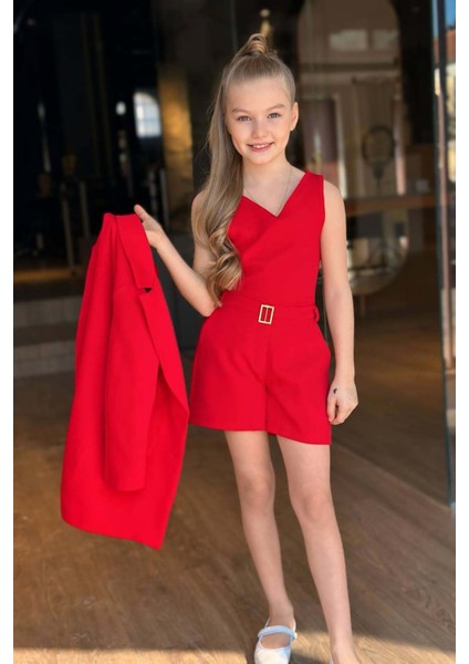 Kız Çocuk Gold Düğmeli ve Gül Broşlu Blazer Ceket Askılı Penye Bluz Kırmızı Şortlu Takım indirimleri