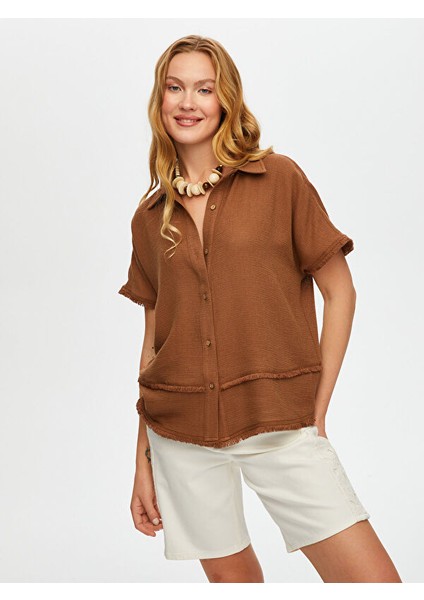 Püskül Şerit Detaylı Kısa Kol Dokulu Kumaştan Gömlek S25GML037 fiyatları