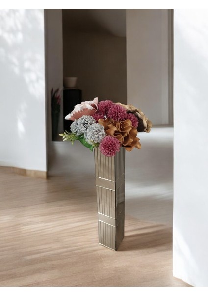 Dekoratif Kare Bronz Aynalı Vazo 60 cm Çizgi Aynalı Bronz Kuşaklı Yer Vazosu