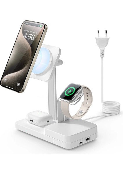 5 In 1 65W Şarj Standı iPhone + Airpods + Apple Watch + Type-C + Usb-A Magsafe Halolock - Beyaz