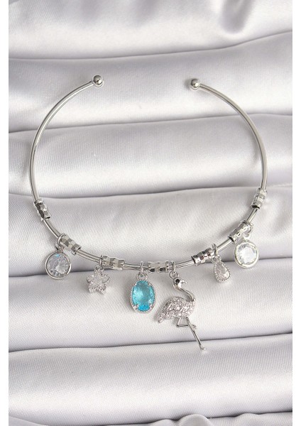 Pirinç Gümüş Renk Sallantı Zirkon Taşlı Filaminga Figür Charm Kadın Bileklik - Lisinya