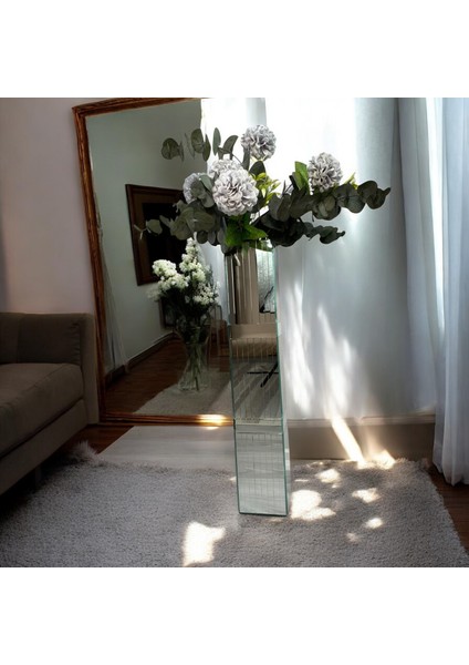 Dekoratif Kare Bronz Aynalı Vazo 60 cm Çizgi Aynalı Bronz Kuşaklı Yer Vazosu