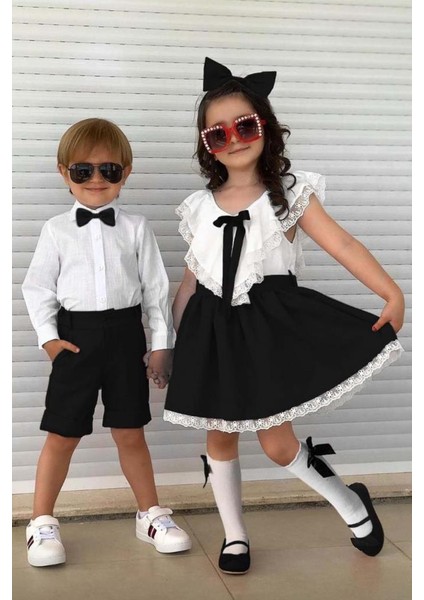 Kız Çocuk V Yaka Omuzları ve Etek Ucu Dantel Işlemeli Siyah Elbise