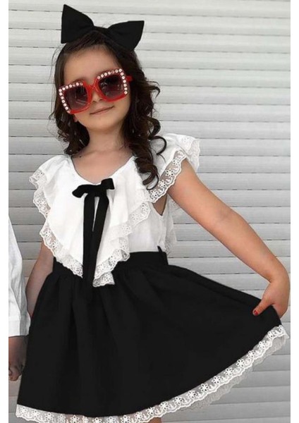 Kız Çocuk V Yaka Omuzları ve Etek Ucu Dantel Işlemeli Siyah Elbise fiyatları