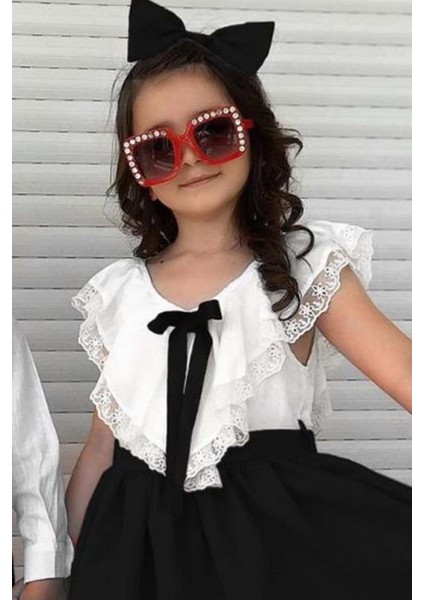 Kız Çocuk V Yaka Omuzları ve Etek Ucu Dantel Işlemeli Siyah Elbise modelleri