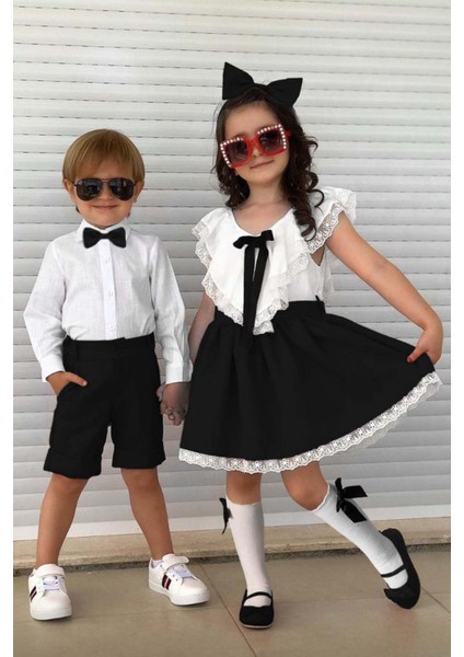 Kız Çocuk V Yaka Omuzları ve Etek Ucu Dantel Işlemeli Siyah Elbise indirimleri