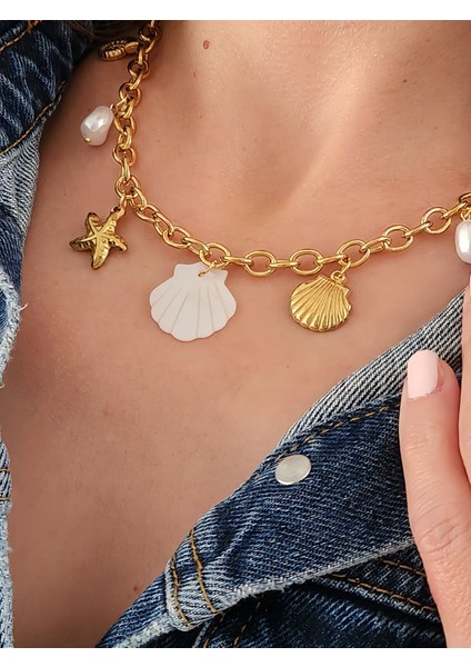 Istiridye Midye Deniz Yıldızı Deniz Atı Inci Model Charmlı Yaz Beach Plaj Tatil Kolye 46CM