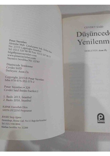 Düşüncede Yenilenme 2,baski 268 Sayfa 2016 Basim