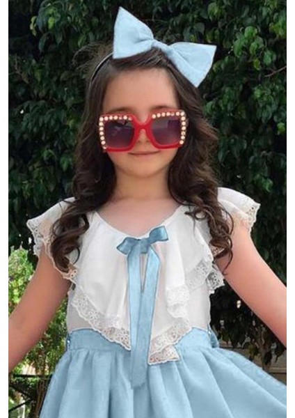 Kız Çocuk V Yaka Omuzları ve Etek Ucu Dantel Işlemeli Mavi Elbise fiyatları