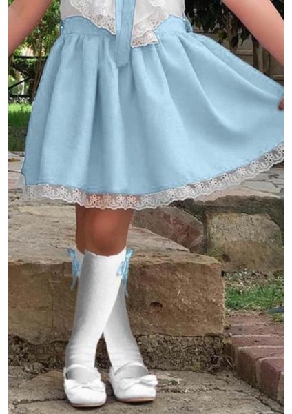 Kız Çocuk V Yaka Omuzları ve Etek Ucu Dantel Işlemeli Mavi Elbise modelleri