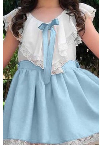 Kız Çocuk V Yaka Omuzları ve Etek Ucu Dantel Işlemeli Mavi Elbise fırsatları