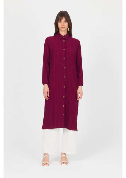Bordo Düğmeli Kol Lastikli Uzun Tunik 4507A