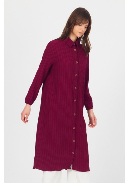 Bordo Düğmeli Kol Lastikli Uzun Tunik 4507A