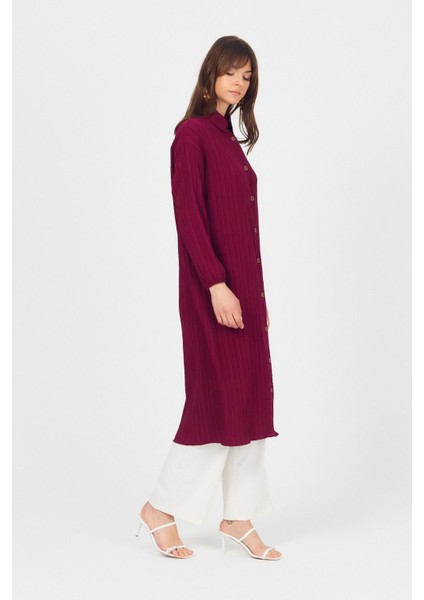 Bordo Düğmeli Kol Lastikli Uzun Tunik 4507A