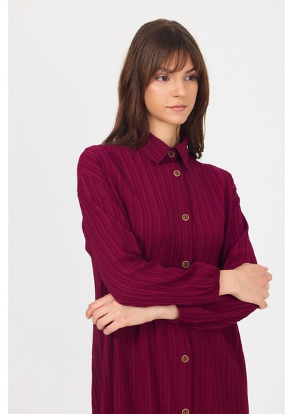 Bordo Düğmeli Kol Lastikli Uzun Tunik 4507A