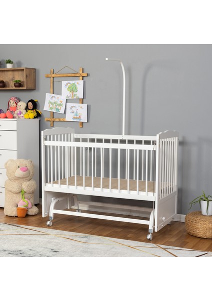Ahşap Beşik Anne Yanı Beşik Beyaz 60X120 - Krem Beyaz Örgü Uyku Seti Seti + Yatak + Tekerlekli fırsatları