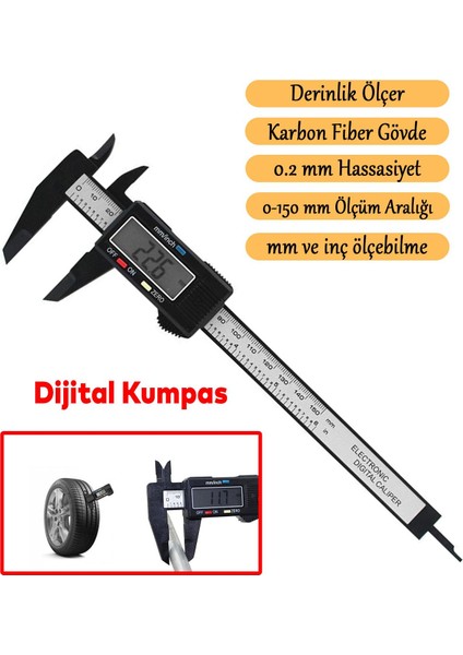 Dijital Kumpas LCD Ekran Plastik Çene 150 mm Lastik Derinlik Çap Ölçme 0.2 mm Hassasiyet Inç Ölçüm