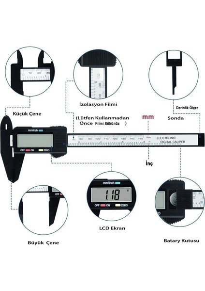 Dijital Kumpas LCD Ekran Plastik Çene 150 mm Lastik Derinlik Çap Ölçme 0.2 mm Hassasiyet Inç Ölçüm fiyatları