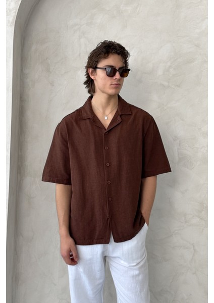 Erkek Oversize Apaş Yaka Kısa Kollu Keten Gömlek modelleri