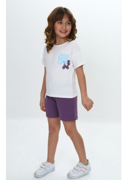 Beyaz T-Shirt Mor Şort Günlük Kız Takımı
