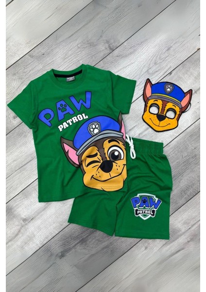 Baskılı Tişört Şort ve Paw Patrol Chase Maskeli Yeşil Renk Çocuk Takım