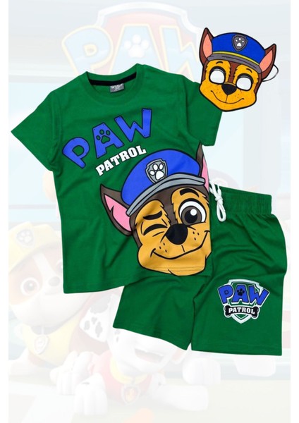 Baskılı Tişört Şort ve Paw Patrol Chase Maskeli Yeşil Renk Çocuk Takım modelleri