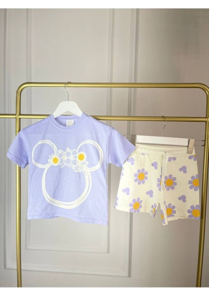 2li Tshirt Şort Kız Takımı Lila Renkli Pamuklu fırsatları