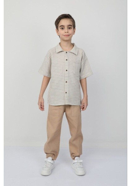 Çizgili Pamuklu Keten Gömlek Gabardin Kumaş Pantolon Erkek Çocuk Günlük Spor Takım Bayramlık